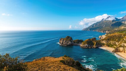 Fototapeta premium Stunning rugged shoreline with bays nestled among rocks and vibrant turquoise waters. Seascape view.
