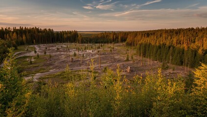 Fototapeta premium Aerial view of a summer evening clear-cut zone featuring scattered seed trees in Northern Europe