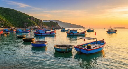 Naklejka premium Colorful fishing boats floating on calm sea at sunrise near Vietnamese coast, traditional round basket boats and scenic mountains in background, peaceful morning seascape