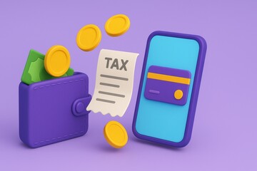 App payment integration. Digital wallet with coins, a receipt, and a phone against a purple background.