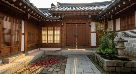 Obraz premium Traditional Korean hanok courtyard with wooden doors, tiled roof and stone path in morning sunlight, peaceful traditional architecture in Seoul, South Korea