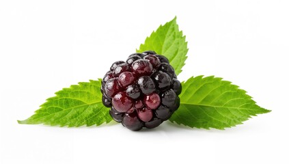 Fully ripe black mulberry displayed on a white background