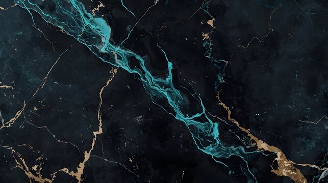 Luxurious black marble texture with striking teal fluid art and elegant gold metallic veins, ideal for sophisticated backgrounds, upscale designs, and modern abstract decor. - Powered by Adobe