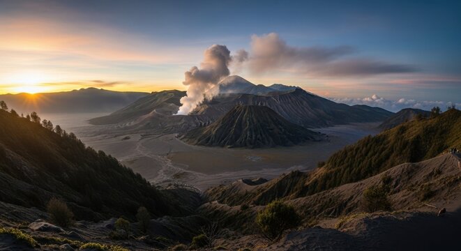 Panoramic view of Mount Bromo volcano at sunrise, active crater emitting smoke surrounded by volcanic landscape and dramatic morning light in Bromo Tengger Semeru National Park, Indonesia