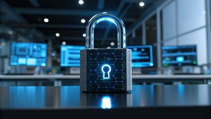 A digital padlock glows with a blue light in a tech environment, symbolizing cybersecurity and data protection amidst computer screens.