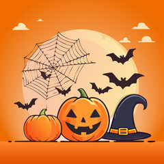 Halloween Pumpkin, Witch Hat, and Spider Web Illustration — Spooky Jack O’ Lantern with Bats on Orange Background