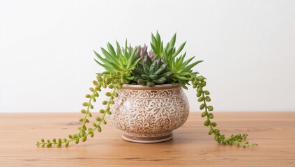 Fototapeta premium Mixed succulent varieties arranged in a stylish ceramic container on a tabletop with a plain white backdrop.