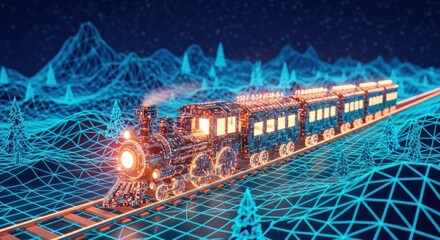 Glowing train on wireframe track, amid glowing mountains and trees