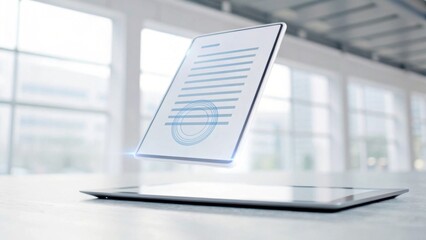 A futuristic tablet displaying a hovering document, set in a bright, modern environment, symbolizes advanced technology and digital innovation.