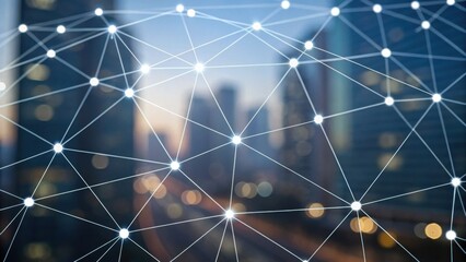 An abstract digital network overlaying a cityscape, showcasing connections and technology amidst blurred urban lights.