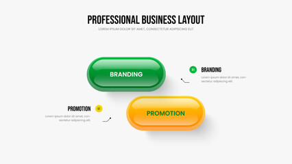 Obraz premium Financial Review 2 Option Diagram Slide Design. Service Portfolio Two Element Infographic Frame Layout. Business Growth Presentation Template Vector Illustration.