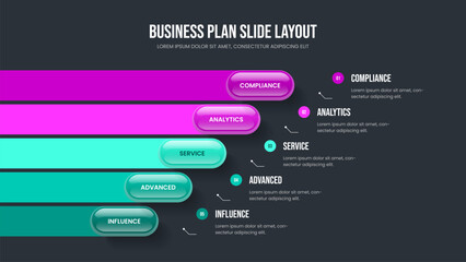 Naklejka premium Business Campaign 5 Element Infographic Presentation Layout. Sales Introduction Five Step Diagram Slide Template. Digital Showcase Frame Design Vector Illustration.