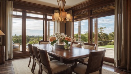 Fototapeta premium Cozy dining space with wooden furniture overlooking a scenic outdoor landscape