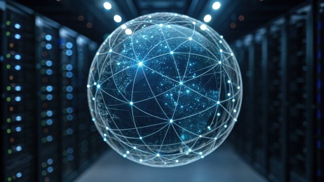 A digital globe representing global connectivity, highlighted with network lines, set against a backdrop of server racks in a tech environment.