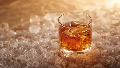 A whiskey glass rests on chilled ice cubes, viewed from above and side angle. Blurred backdrop for alcohol promotion. Portrait orientation.