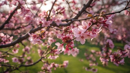 Obraz premium Full bloom of a pink-flowered cherry tree species during early spring