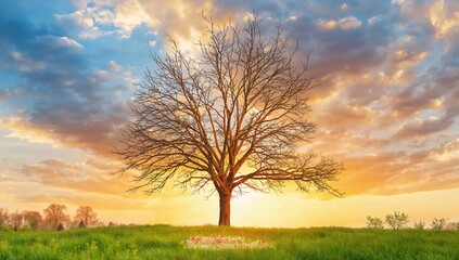 Obraz premium An artistic portrayal of a bare tree set against a stunning sky