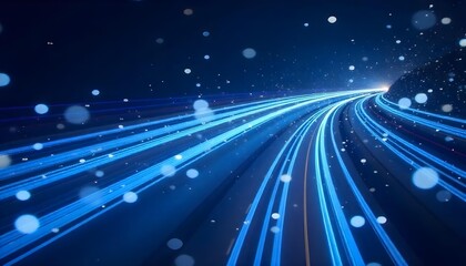 Obraz premium Blue light trails with bokeh effect, creating a sense of speed and movement, against a dark blue background with scattered light points