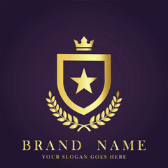 Elegant golden shield logo with star and crown symbol representing premium luxury brand identity
