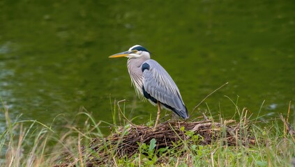 Grey heron (Ardea cinerea) perched on a riverside nest against a vibrant green backdrop. A striking water bird with grey plumage in its natural habitat.