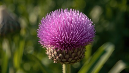 Detailed view of a violet cardoon bloom, scientifically known as Cynara cardunculus, commonly referred to as artichoke thistle and indigenous to the Mediterranean area