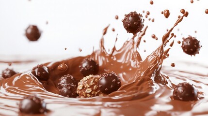 Hyper-realistic depiction of chocolate splashes with nuts, emphasizing intricate details and rich textures for commercial use