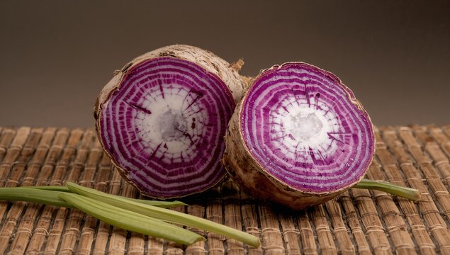 Sliced fresh taro root displayed on a bamboo surface