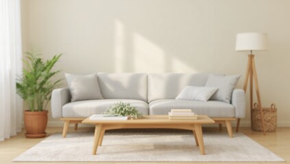 Obraz premium Cozy living space with a soft gray couch, wooden details, and lush green plants creating a bright and stylish atmosphere