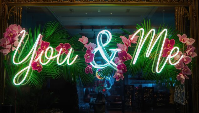 Vivid neon signs adorned with exotic blooms. The phrase 'us together'. Orchids paired with palm fronds. Artistic design. Passion and affection. Vibrant hues. Mirror reflections. Dimly lit celebration - Powered by Adobe