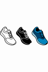 Three distinct running shoes side by side showing outline black and blue color options