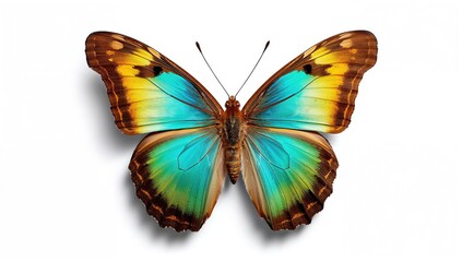 Fototapeta premium Vibrant butterfly on a plain white background. Colorful tropical creature. Design layout example.