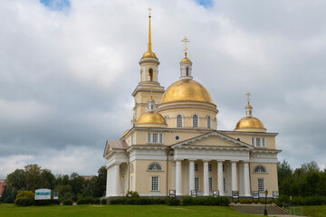 View of the ancient Transfiguration Cathedral on a cloudy August day. Nevyansk. Sverdlovsk region, Russia