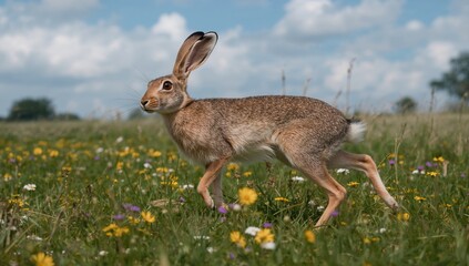 Obraz premium A young brown hare dashes across a rural field, highlighting its striking eyes and vibrant energy.