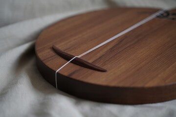 Close up of a wooden musical instrument with a single string
