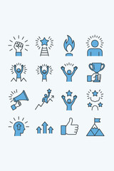 Minimalist blue icons for success growth achievement motivation teamwork business concepts