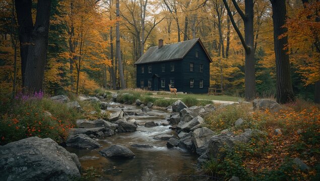 A tranquil forest filled with majestic trees, flowing streams, and colorful plants, accompanied by the melody of birds and the gentle breeze.