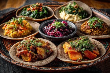 Fototapeta premium Various Ethiopian dishes served on injera are displayed artistically. Show authentic cuisine for travel blogs and food-related media.