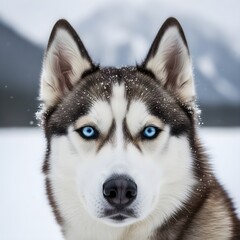 Obraz premium Husky Dog Portrait Stunning close-up of a beautiful Siberian Husky with striking blue eyes, snow
