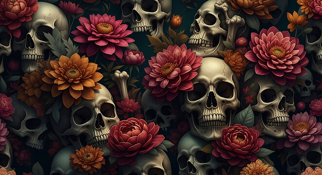 Macabre Floral Skull Pattern With Deep Red And Orange Dahlias And Dark Green Background flower