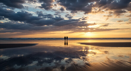 Two people walking on a beach at sunset with dramatic clouds above them