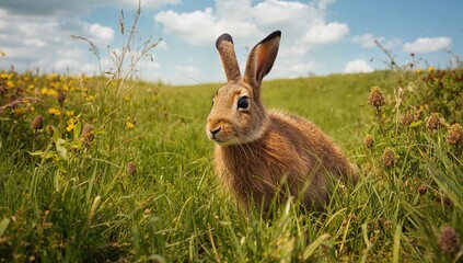 Wild brown hare in a grassy meadow setting