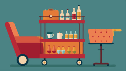 Obraz premium A charming vintage bar cart stocked with bottles and glasses displayed next to a modern velvet armchair.