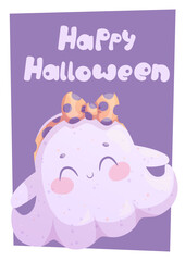 Halloween greeting card design. Cute little ghost girl with a bow. Cartoon children's vector illustration for the design of postcards, postcards, posters, banners, invitations