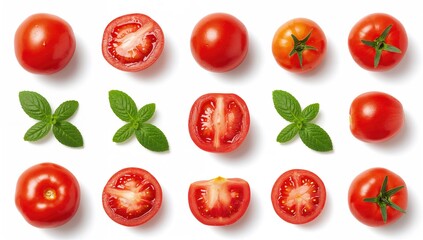 Bright red plum tomatoes displayed on a white backdrop. Assortment includes whole, sliced, halved tomatoes and a tomato leaf. Genuine fresh tomatoes, no artificial elements.