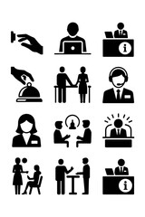 Set of 10 black and white service and business icons representing customer interaction and assistance