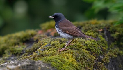 Thrush With Dark Feathers Perched on Moss-Covered Stone Against a Green Backdrop