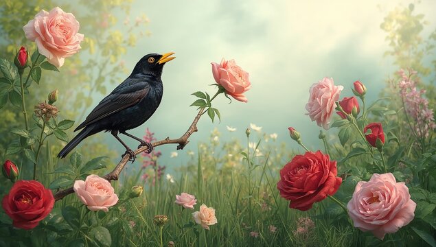 A blackbird perched among blooming roses in a garden