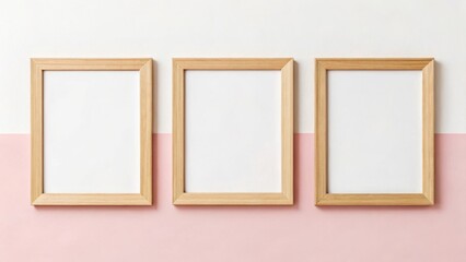 Three empty wooden picture frames arranged horizontally on a white and pink background
