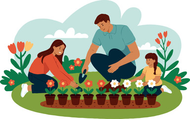 Naklejka premium A family of three planting flowers in pots in a garden with blue sky and clouds generations family reunion
