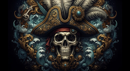 Fototapeta premium Ornate Pirate Skull with Feathers and Swirling Ornaments on Black Background skull and crossbones pirate hat